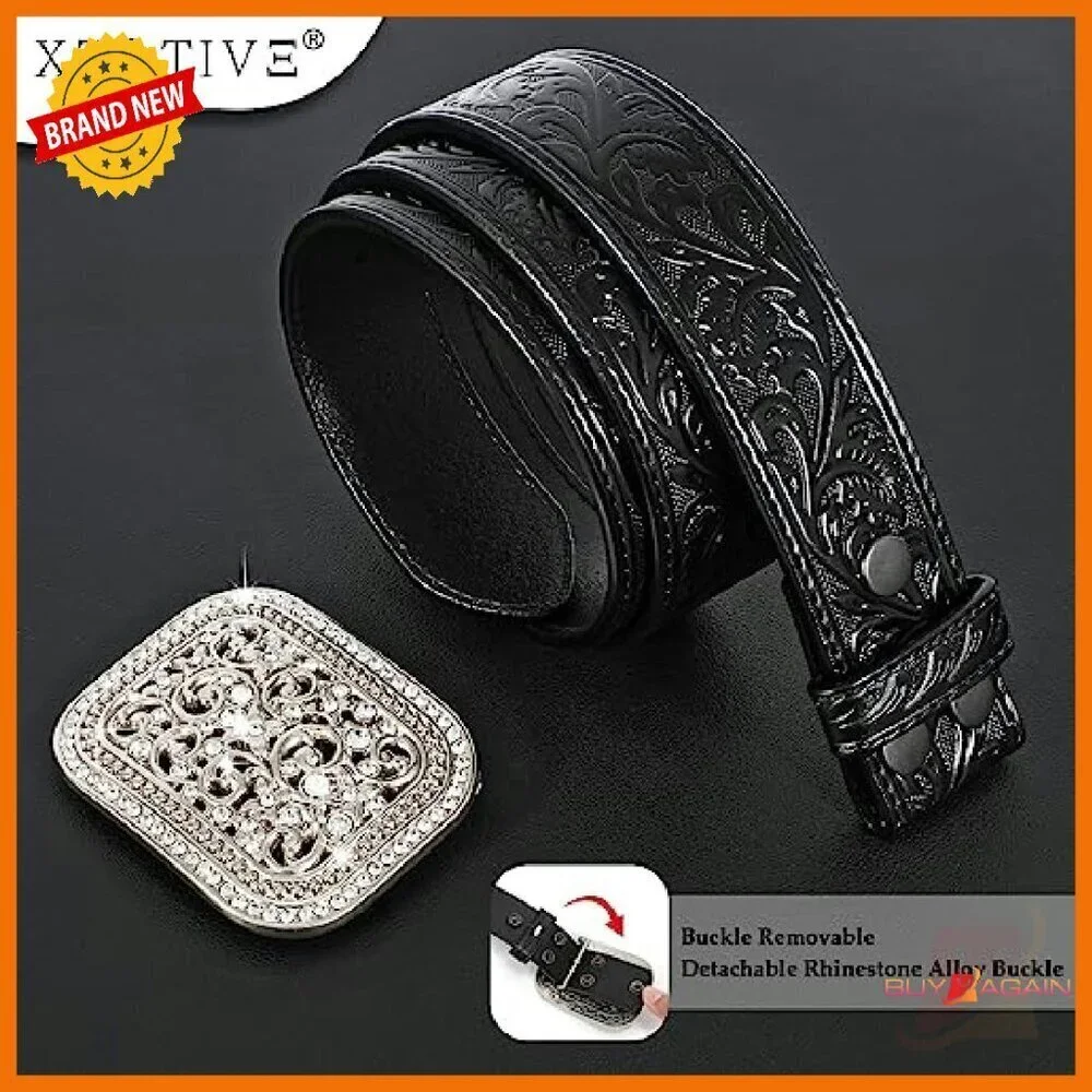 Genuine Leather Western Belt Silver Diamond Buckle Unisex Adjustable